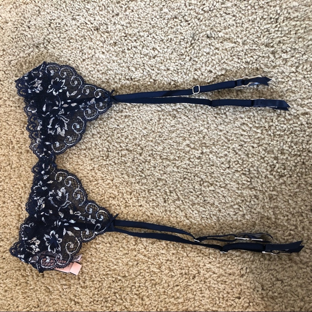 Silver and blue lace floral Victoria’s Secret garter belt